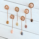 Rose gold copper color tea ball infusers for loose leaf tea with teardrop shaped gemstone crystals wire wrapped with copper wire into tree of life design - include tiger's eye, rose gold, green aventurine, blue agate, purple amethyst, and black agate