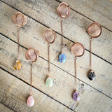 Rose gold copper color tea ball infusers for loose leaf tea with teardrop shaped gemstone crystals wire wrapped with copper wire into tree of life design - include tiger's eye, rose gold, green aventurine, blue agate, purple amethyst, and black agate