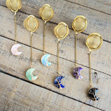 Gold color tea ball infusers for loose leaf tea with moon shaped gemstone crystals wire wrapped with gold wire into tree of life design - include rose quartz, green aventurine, opalite, lapis lazuli, purple amethyst, and black agate