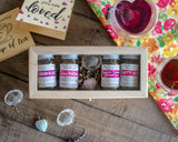 Tea for Lovers Deluxe Gift Set - Glass-topped wood box with gemstone tea ball and 4 jars of lovely teas