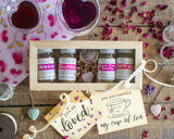 Tea for Lovers Deluxe Gift Set - Glass-topped wood box with gemstone tea ball and 4 jars of lovely teas
