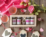 Tea for Lovers Deluxe Gift Set - Glass-topped wood box with gemstone tea ball and 4 jars of lovely teas