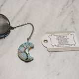 Wire-Wrapped Moon Gemstone Tea Ball Infuser - Crescent moon shaped crystal stone wire-wrapped with Tree of Life design