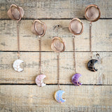 Rose gold copper color tea ball infusers for loose leaf tea with moon shaped gemstone crystals wire wrapped with copper wire into tree of life design - include clear quartz, rose quartz, opalite, purple amethyst, and black agate