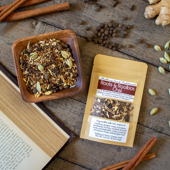 Roots & Rooibos Chai - a warming, adaptogen-enriched, chai-spiced tea to relieve stress and fatigue